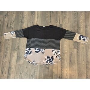 Women XL Colorblock Floral Striped Long Sleeve Top Black Tan Spring Fall Casual